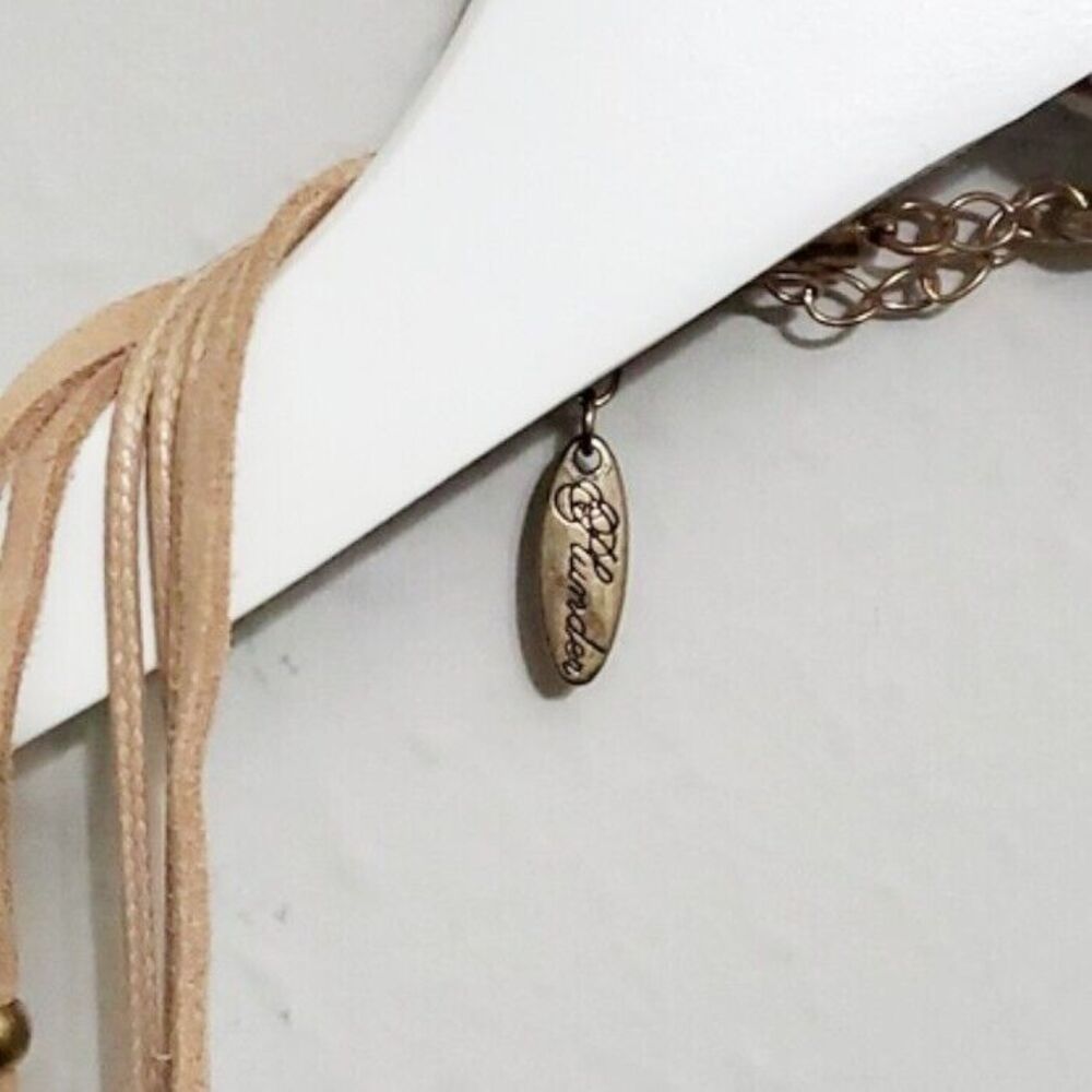 Plunder Rhiannon Tan Suede Leather Necklace Gold Beads Discs 20" Boho Festival - Picture 3 of 4